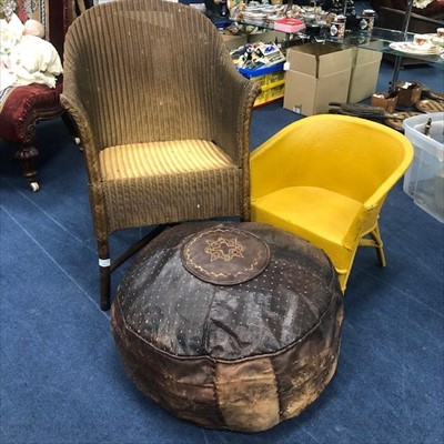 Lot 411 - A LLOYD LOOM WICKER ARMCHAIR, A CHILD'S WICKER CHAIR AND A LEATHER HASSOCK