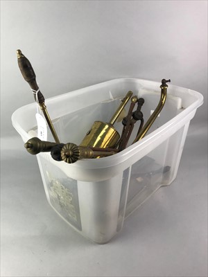 Lot 403 - A LOT OF 19TH CENTURY BRASS FIRE TOOLS AND OTHER BRASSWARE