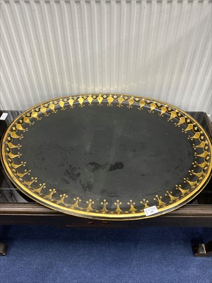 Lot 399 - A 19TH CENTURY LACQUERED AND GILT METAL OVAL TRAY