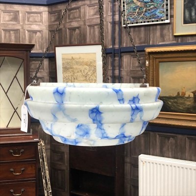 Lot 415 - AN EARLY 20TH CENTURY MOTTLED BLUE AND WHITE OPAQUE GLASS CEILING LIGHT SHADE