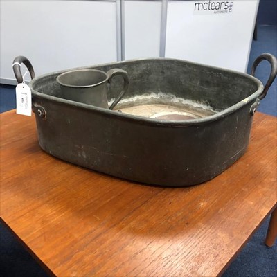 Lot 416 - AN EARLY 19TH CENTURY COPPER BASIN, A PEWTER MUG AND A PLATED DISH