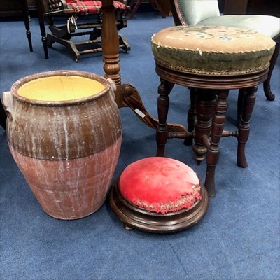Lot 424 - A LATE VICTORIAN REVOLVING CIRCULAR PIANO STOOL, ANOTHER STOOL AND A CROCK
