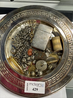 Lot 429 - A SILVER CASED LIGHTER, SAMPSON MORDAN PROPELLING PENCIL, COINS, STICK PINS AND TWO SILVER ALBERTS