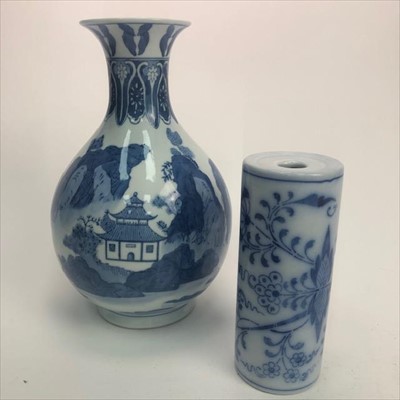 Lot 71 - A CHINESE BLUE AND WHITE VASE AND A CYLINDRICAL PILLOW