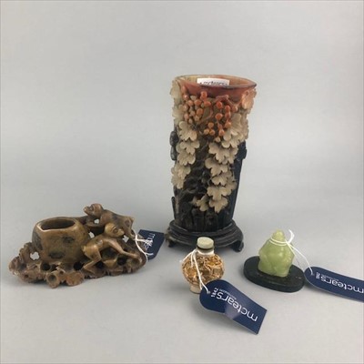 Lot 72 - A SOAPSTONE SPILL HOLDER, A SMALL BUDDHA, SNUFF BOTTLE AND ANOTHER SPILL HOLDER