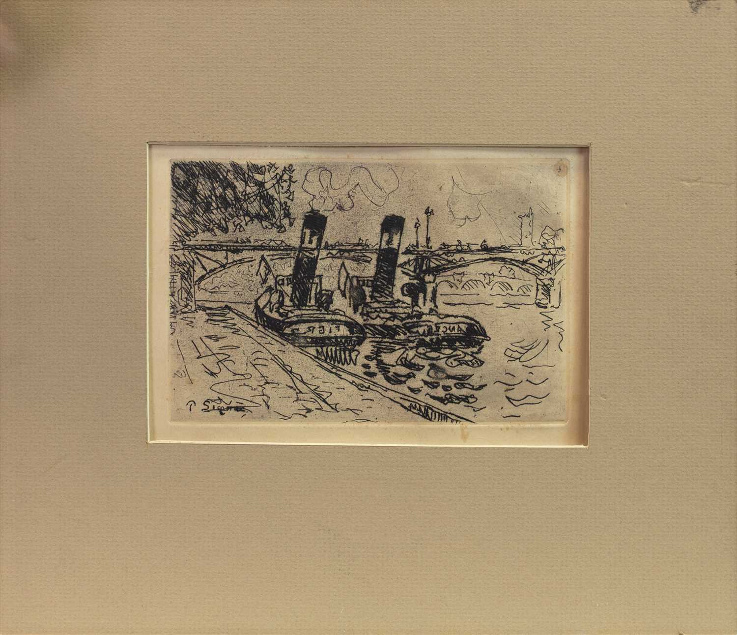 Lot 423 - TUGBOATS, AN ETCHING BY PAUL SIGNAC