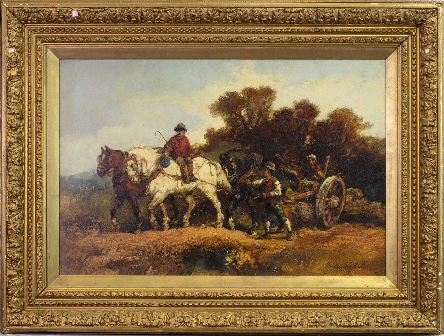 Lot 54 - RURAL SCENE WITH FIGURES AND CLYDESDALES, AN OIL