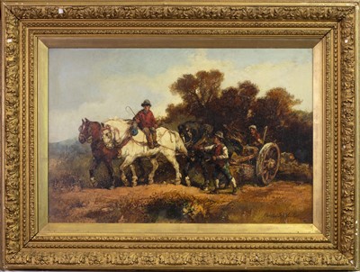 Lot 54 - RURAL SCENE WITH FIGURES AND CLYDESDALES, AN OIL