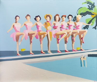 Lot 553 - SYNCHRONISED BATHERS, AN OIL BY RUTH MULVIE
