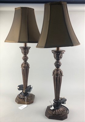 Lot 221 - A PAIR OF COMPOSITION PILLAR TABLE LAMPS AND SHADES