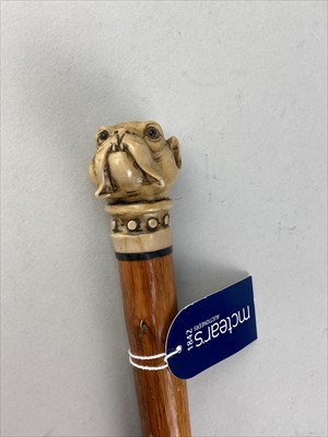 Lot 222 - A WALKING STICK WITH BULLDOG FINIAL AND TWO OTHER WALKING STICKS