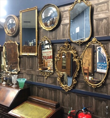 Lot 223 - A LOT OF TWO GILT CONVEX WALL MIRRORS, SIX OTHER MIRRORS AND A WOOD BOX