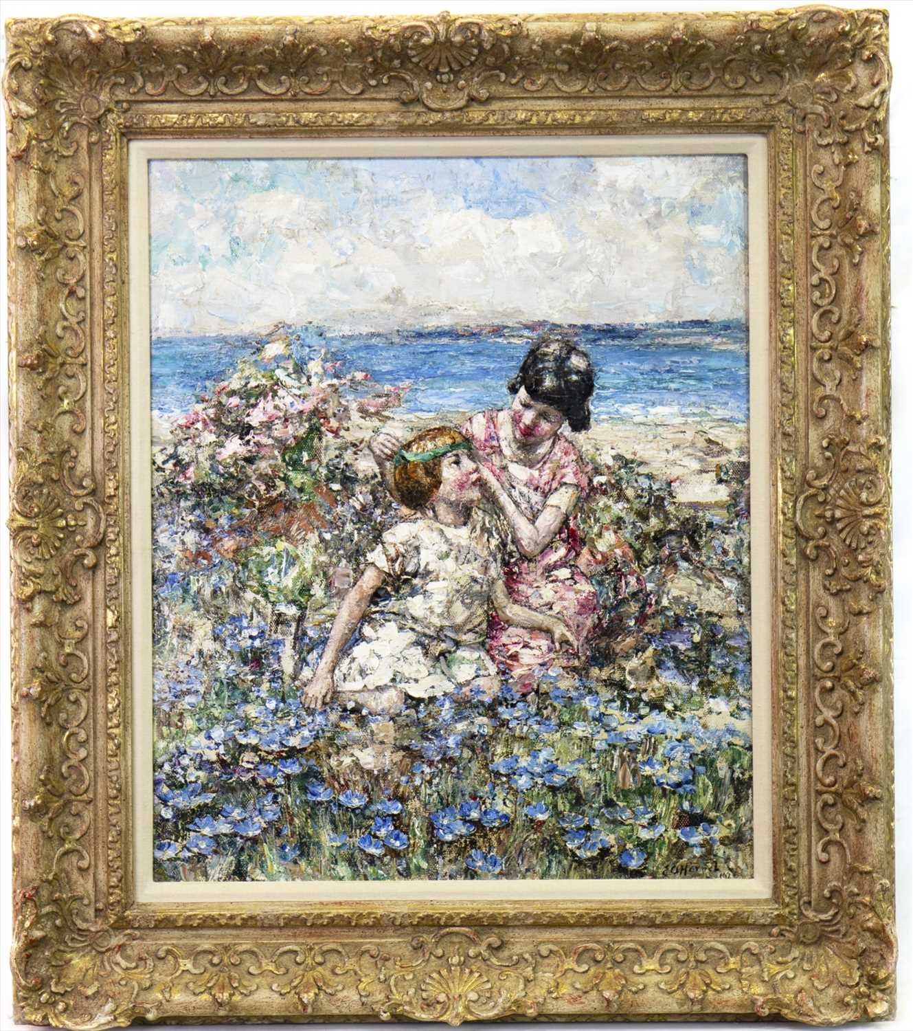 Lot 42 - THE GREEN RIBBON, AN OIL BY EDWARD ATKINSON HORNEL