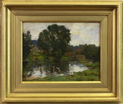 Lot 151 - SCOTTISH BORDERS VILLAGE SCENE WITH RIVER, AN OIL BY JAMES WHITELAW HAMITLON