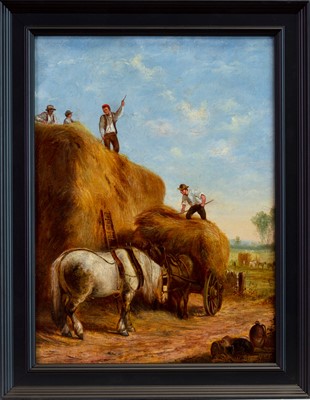Lot 74 - BUILDING THE HAYSTACK, AN OIL BY WILLIAM SHAYER