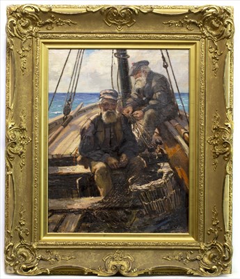 Lot 79 - SAILORS AT SEA, AN OIL BY PATRICK WILLIAM ORR