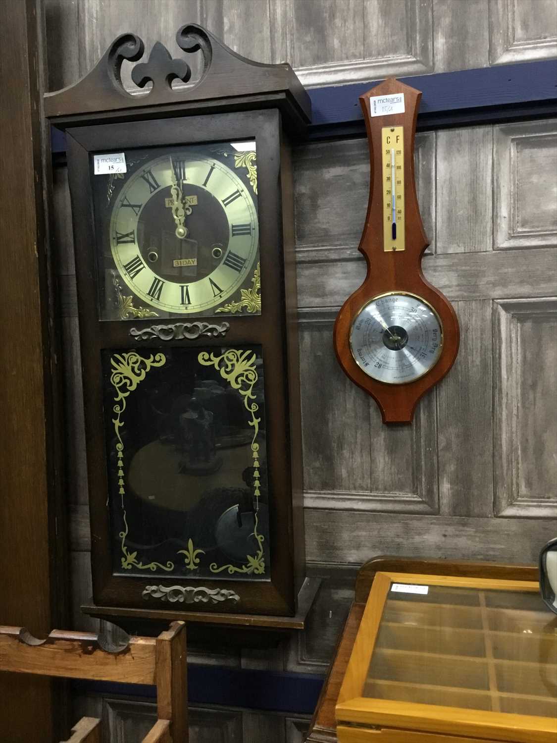 Lot 15 - A  WALL CLOCK, OTHER CLOCKS AND A BAROMETER