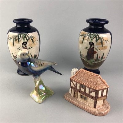 Lot 243 - A PAIR OF JAPANESE SATSUMA VASES, A CERAMIC FIGURE OF A BUDGIE AND ANOTHER ITEM