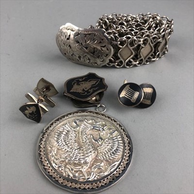 Lot 88 - A WHITE METAL BELT, CHINESE MEDALLION AND THAI EAR CLIPS AND CUFF LINKS