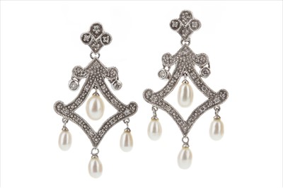 Lot 364 - A PAIR OF DIAMOND AND PEARL DROP EARRINGS