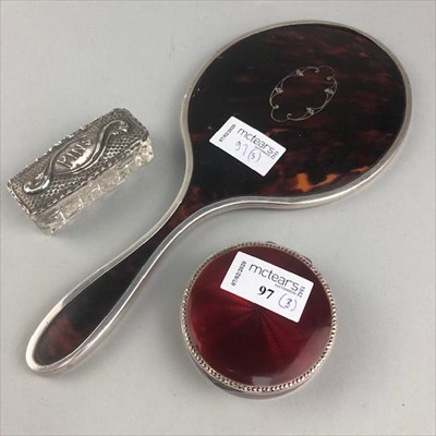 Lot 97 - A FRENCH SILVER AND ENAMEL COMPACT, SILVER BACKED HAND MIRROR AND GRIP HOLDER