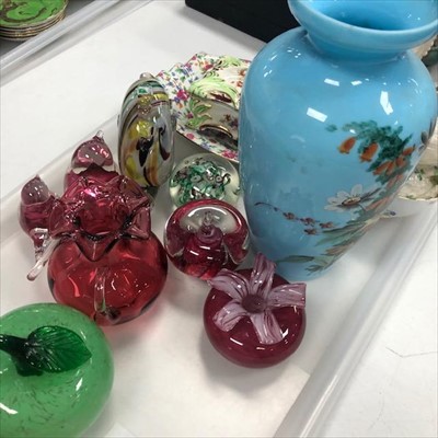 Lot 103 - A LOT OF GLASSWARE INCLUDING VASES AND PAPERWEIGHTS