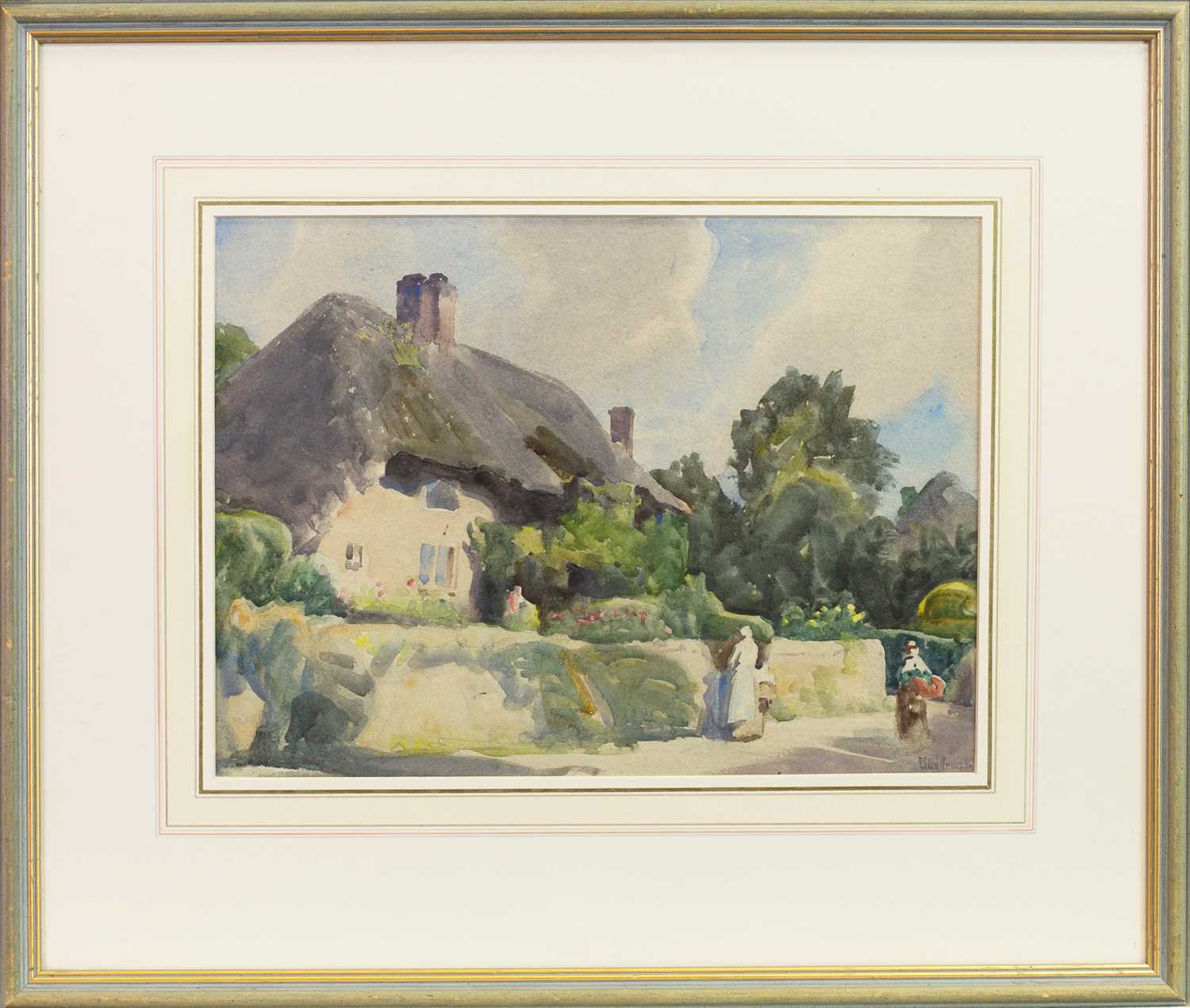 Lot 437 - FIGURES BY A THATCHED COTTAGE, A WATERCOLOUR BY FREDERICK STRATTON