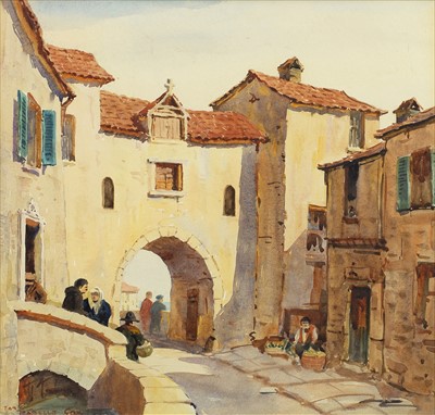 Lot 438 - ITALIAN COASTAL VILLAGE SCENE, A WATERCOLOUR IN THE STYLE OF SIR ERNEST DARYL LINDSAY