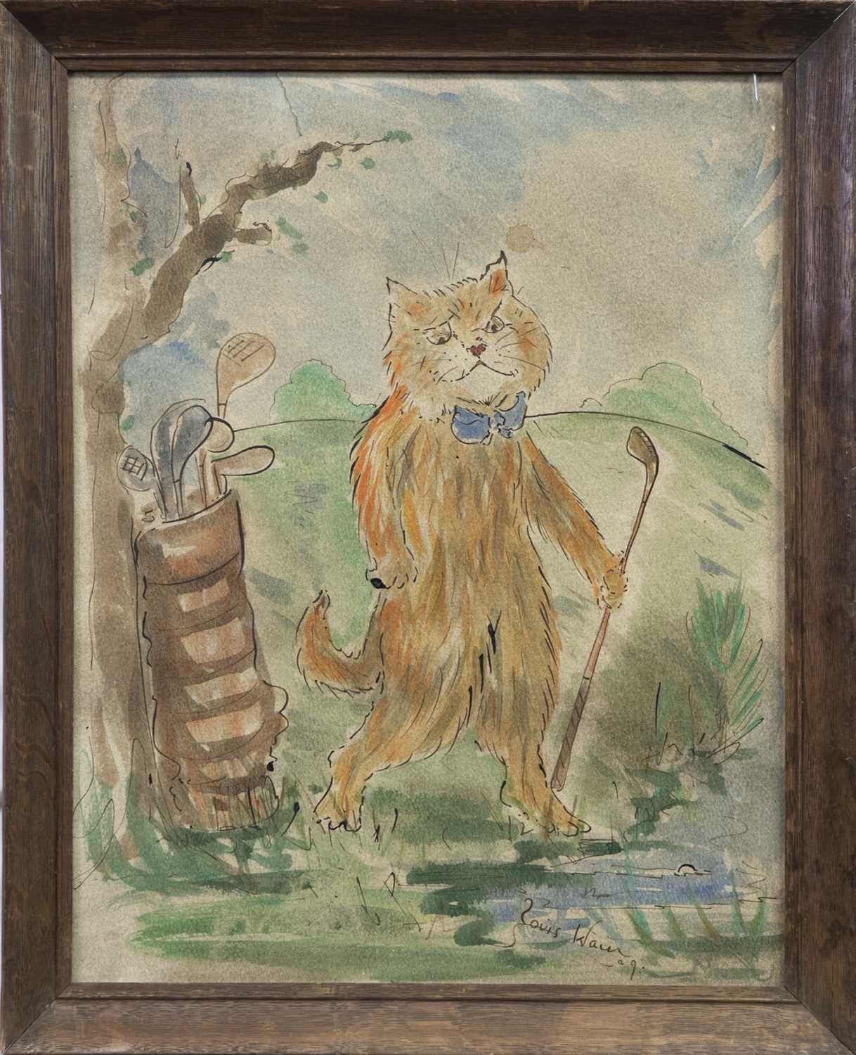 Lot 16 - CAT PLAYING GOLF, A WATERCOLOUR AFTER LOUIS WAIN