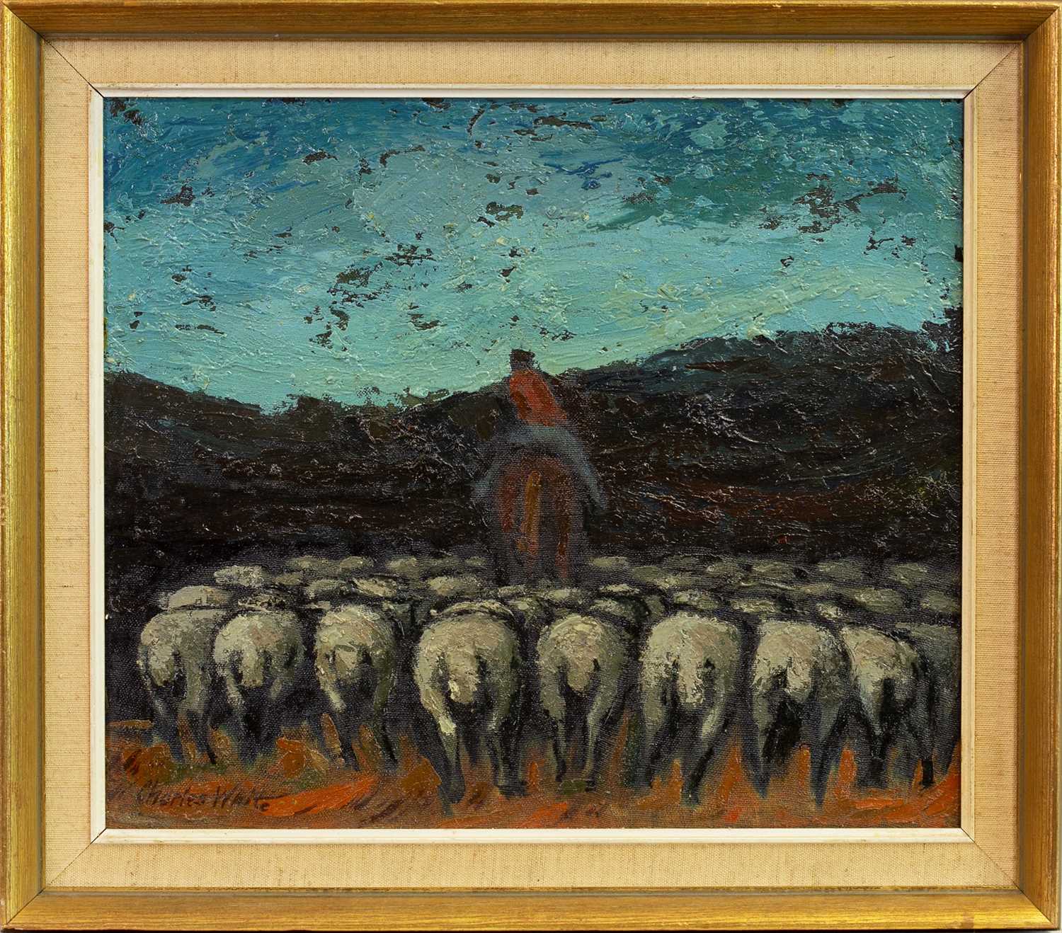 Lot 443 - SHEPHERD WITH HIS FLOCK, AN OIL BY CHARLES WHITE