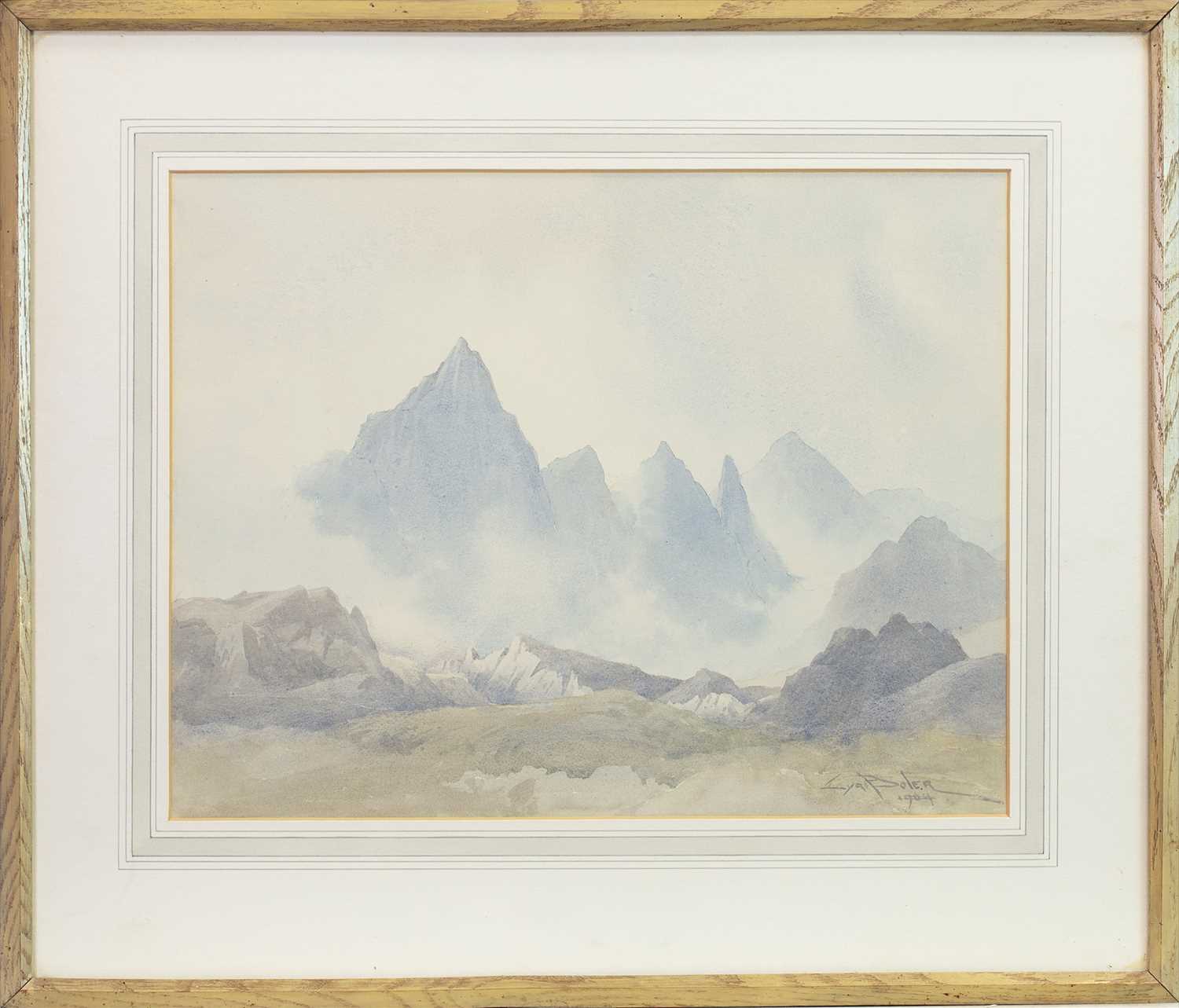 Lot 445 - MISTY MOUNTAINS, A WATERCOLOUR BY CYRIL BOLER