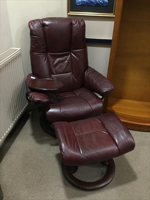 Lot 330 - A MODERN LEATHER ARMCHAIR AND MATCHING FOOTSTOOL