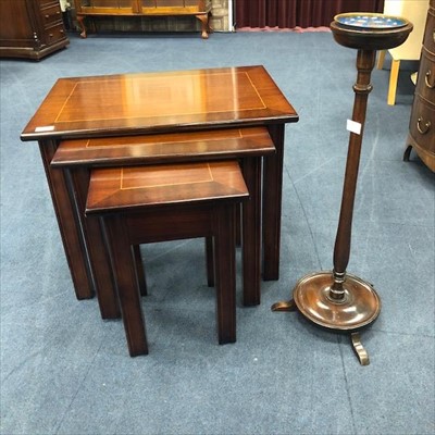 Lot 342 - A MAHOGANY INLAID NEST OF THREE TABLES AND A MAHOGANY SMOKERS STAND