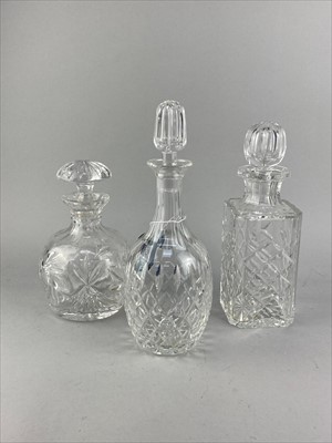 Lot 336 - A LOT OF CRYSTAL AND GLASS WARES INCLUDING THREE DECANTERS WITH STOPPERS