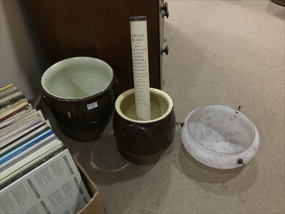 Lot 268 - A LOT OF TWO VINTAGE CROCKS ALONG WITH A MAP AND CEILING SHADE