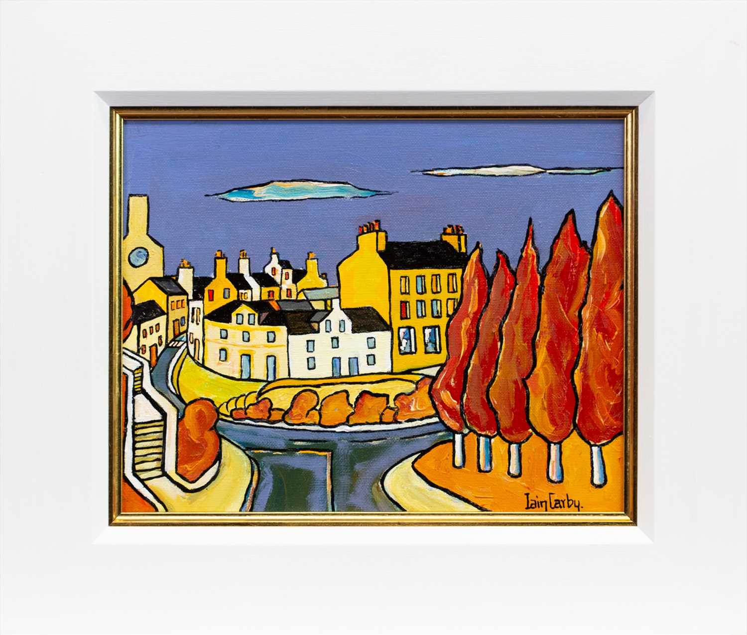 Lot 585 - THE TOWN SQUARE, BEITH, AN OIL BY IAIN CARBY