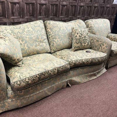 Lot 395 - A MODERN UPHOLSTERED SETTEE WITH MATCHING ARMCHAIR