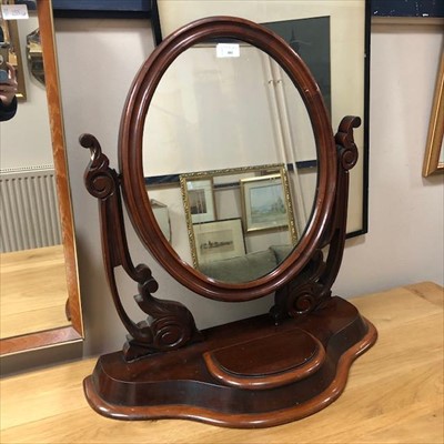 Lot 401 - A VICTORIAN MAHOGANY UPRIGHT OVAL DRESSING GLASS