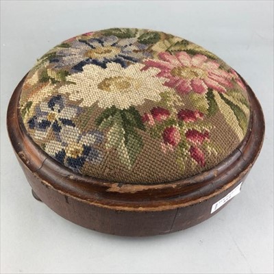 Lot 412 - A CIRCULAR MAHOGANY UPHOLSTERED FOOTSTOOL