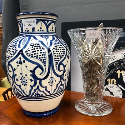 Lot 378 - A MOROCCAN GLAZED TERRACOTTA VASE ALONG WITH A CUT GLASS VASE AND CUTLERY