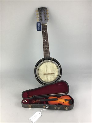 Lot 457 - A VINTAGE BANJO UKELELE AND A MINIATURE VIOLIN IN CASE