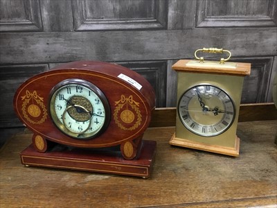 Lot 460 - AN EDWARDIAN INLAID MAHOGANY MANTEL CLOCK AND THREE OTHER CLOCKS