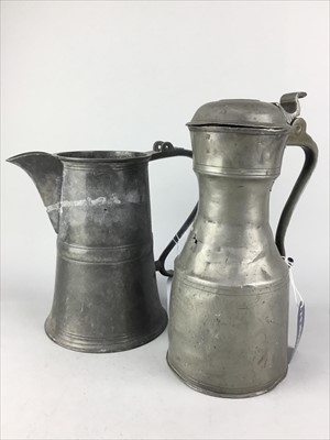 Lot 434 - AN EARLY 19TH CENTURY PEWTER JUG AND A PEWTER TAPPIT HEN