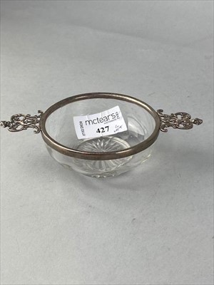 Lot 427 - A SILVER MOUNTED GLASS QUAICH, A SILVER MUSTARD POT AND TWO INKWELLS