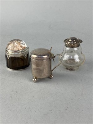 Lot 427 - A SILVER MOUNTED GLASS QUAICH, A SILVER MUSTARD POT AND TWO INKWELLS
