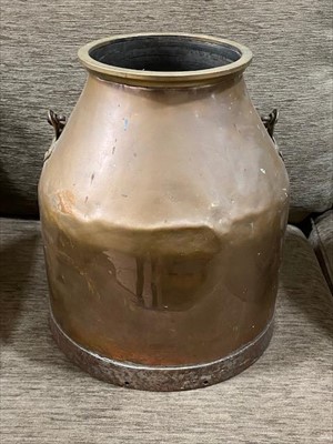 Lot 435 - A 19TH CENTURY COPPER CYLINDRICAL BUCKET AND A COPPER MILK CHURN