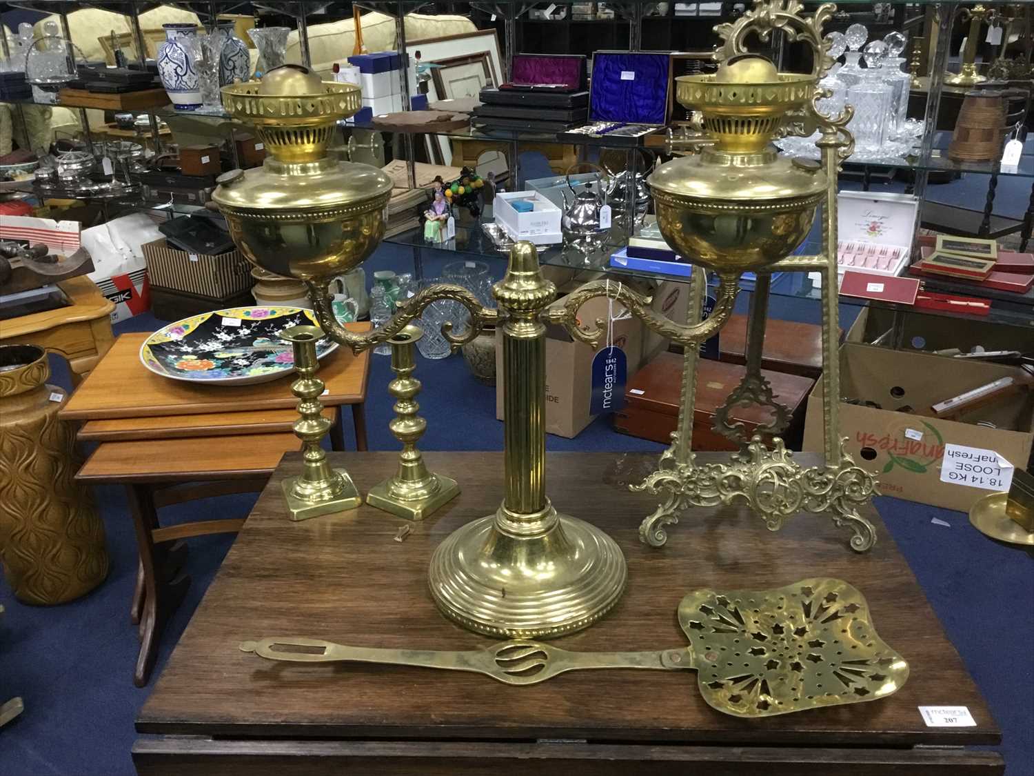 Lot 439 - A BRASS TWO BRANCH OIL LAMP, PAIR OF CANDLESTICKS  AND OTHER BRASSWARE