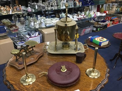 Lot 439 - A BRASS TWO BRANCH OIL LAMP, PAIR OF CANDLESTICKS  AND OTHER BRASSWARE