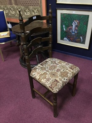 Lot 484 - AN OAK LADDERBACK CHAIR ALONG WITH A TEA TABLE