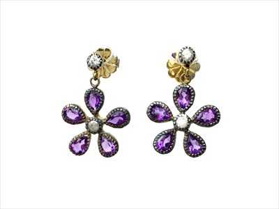 Lot 1347 - A PAIR OF AMETHYST AND DIAMOND EARRINGS
